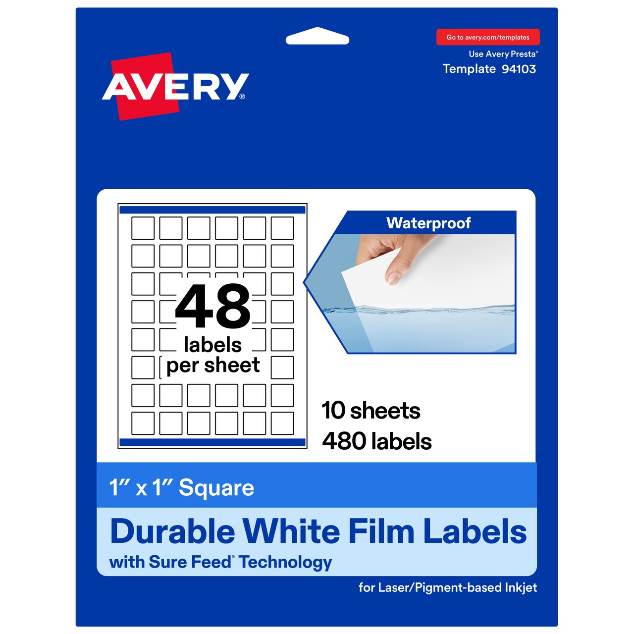Avery Durable Waterproof Square Labels with Sure Feed, 1" x 1"